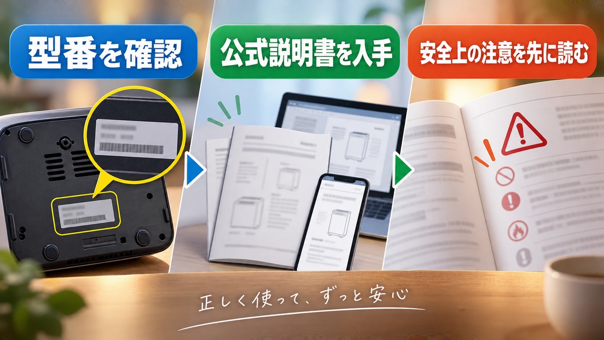 型番確認・公式説明書入手・安全上の注意の3段階をまとめた図