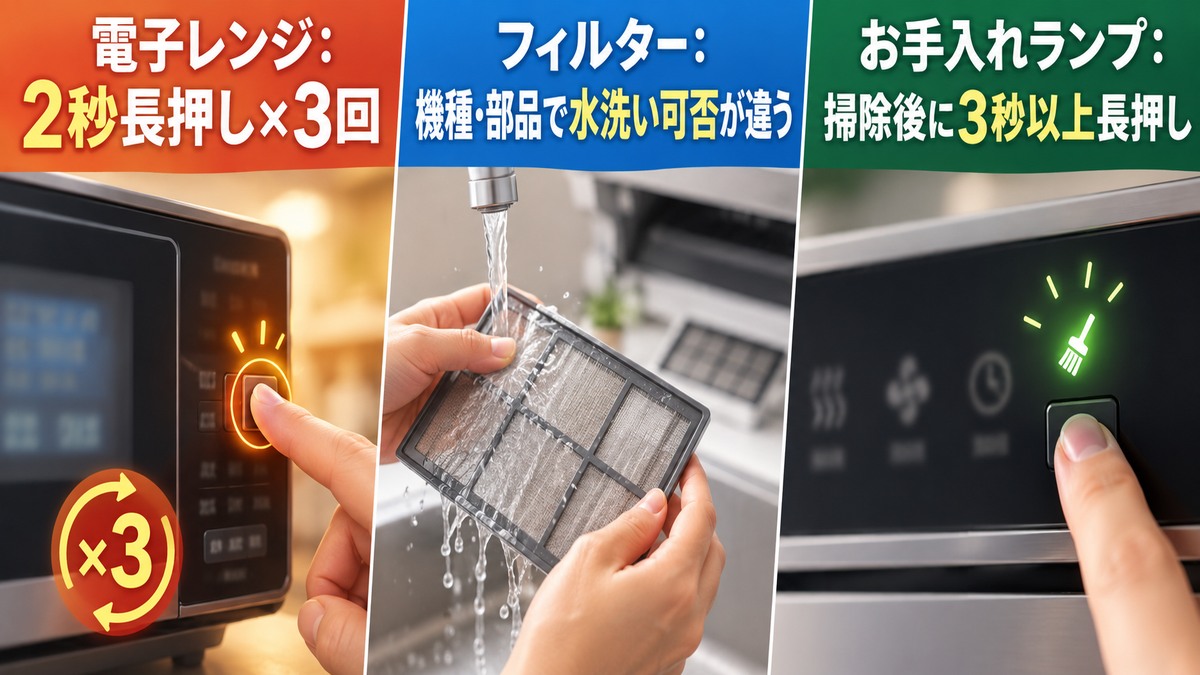 電子レンジ・フィルター・お手入れランプの確認例をまとめた図