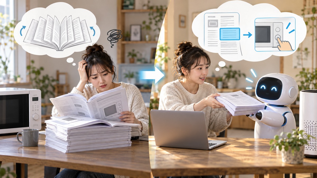 家電の取扱説明書からAIで知りたい操作を探すイメージ