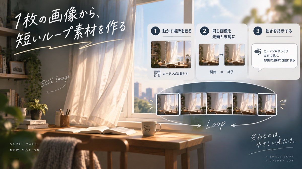 固定した室内でカーテンだけをゆっくり動かし、短いループ素材を作る手順を示す画像