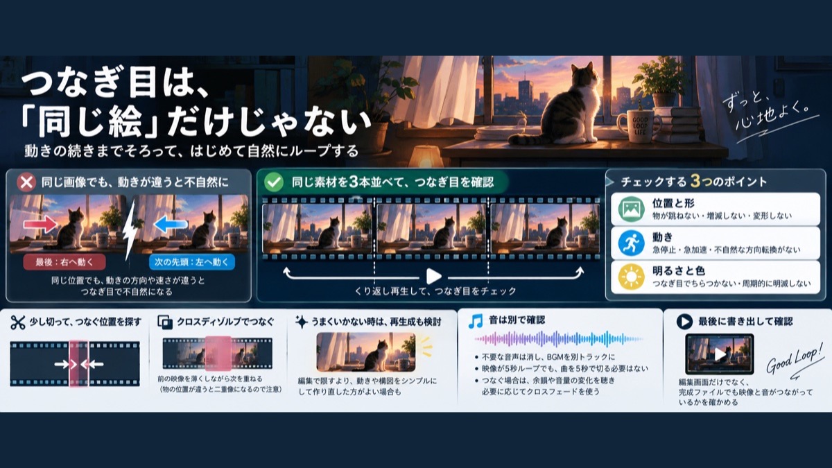 同じ短い動画を3本並べ、位置、動き、明るさのつなぎ目を確認する画像