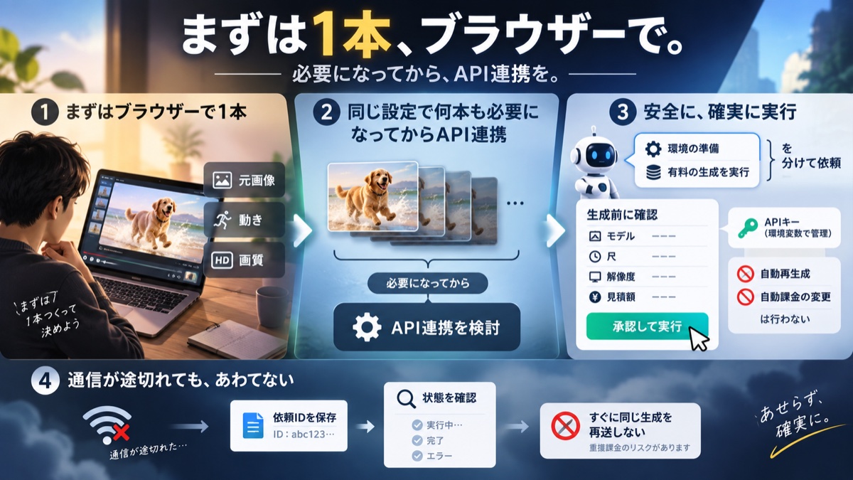 ブラウザーで1本作り、設定を確かめてからAPIによる反復生成へ進む流れを示す画像