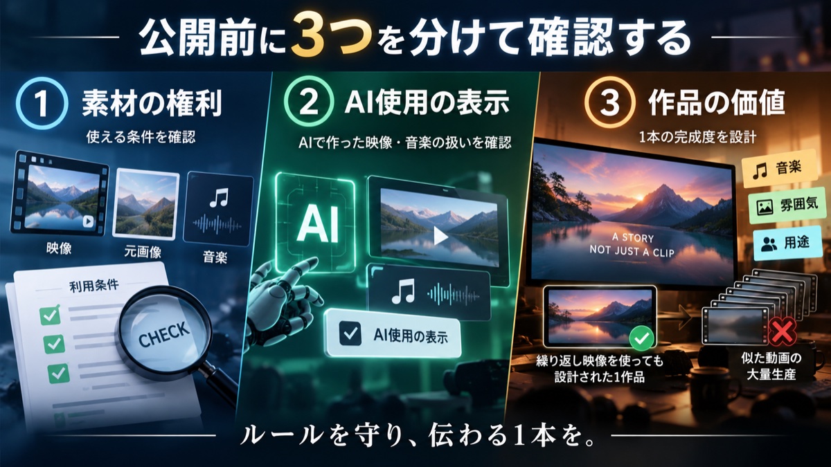 BGM用動画を公開する前に、映像、音楽、AI開示、収益化の条件を別々に確認する画像
