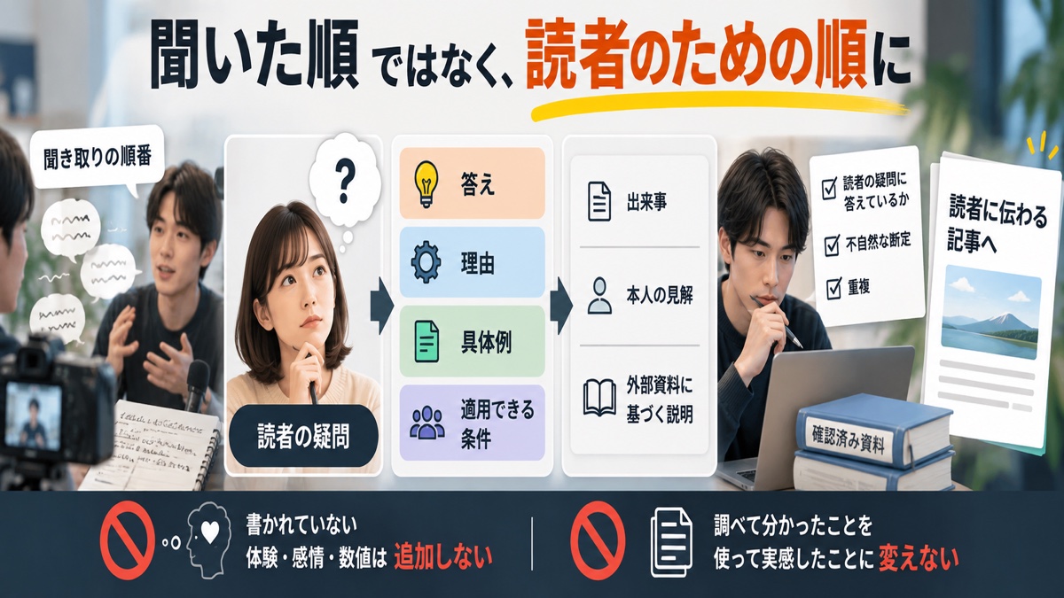 時系列に並んだ会話を、読者の疑問、理由、具体例、条件の順へ組み直す編集作業