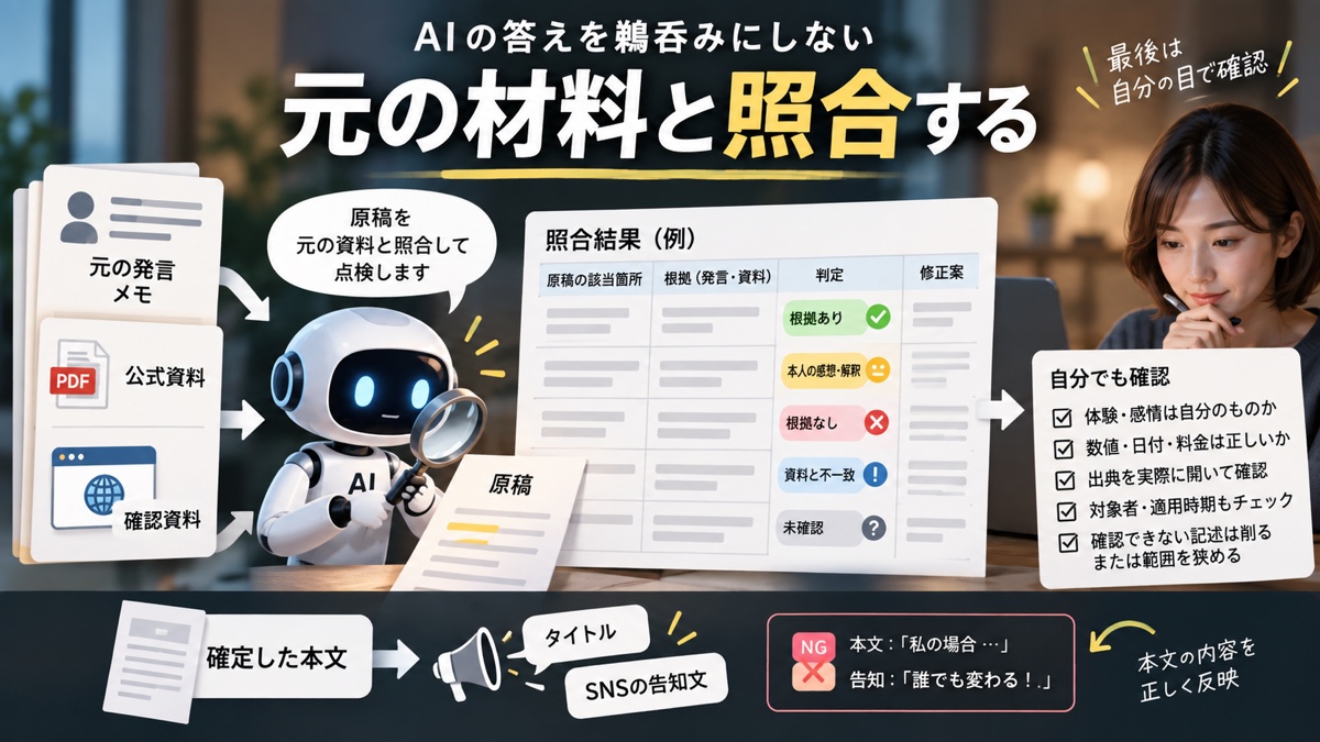 完成した原稿の主張を、元の発言と確認済み資料へ1つずつ照合する作業