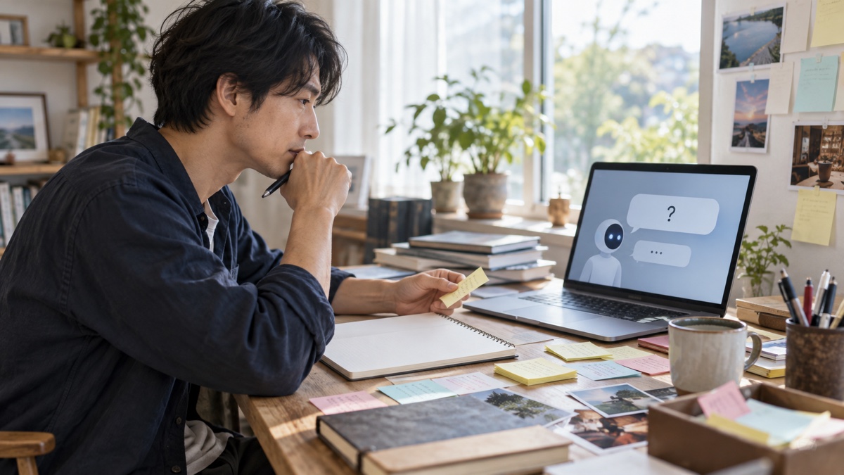 白紙を前に手が止まった人が、対話するAIから経験を整理する質問を受け取る場面