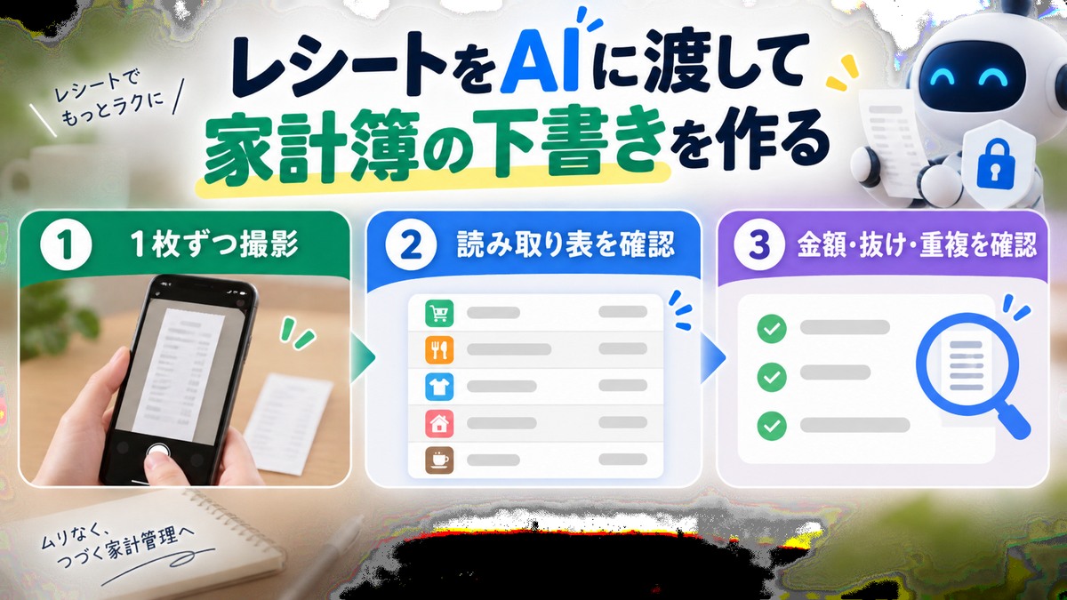 レシートを撮影して読み取り表と原本を確認する手順図