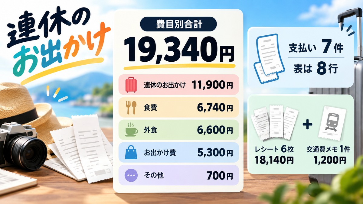 架空の連休支出19,340円と費目別合計をまとめた図