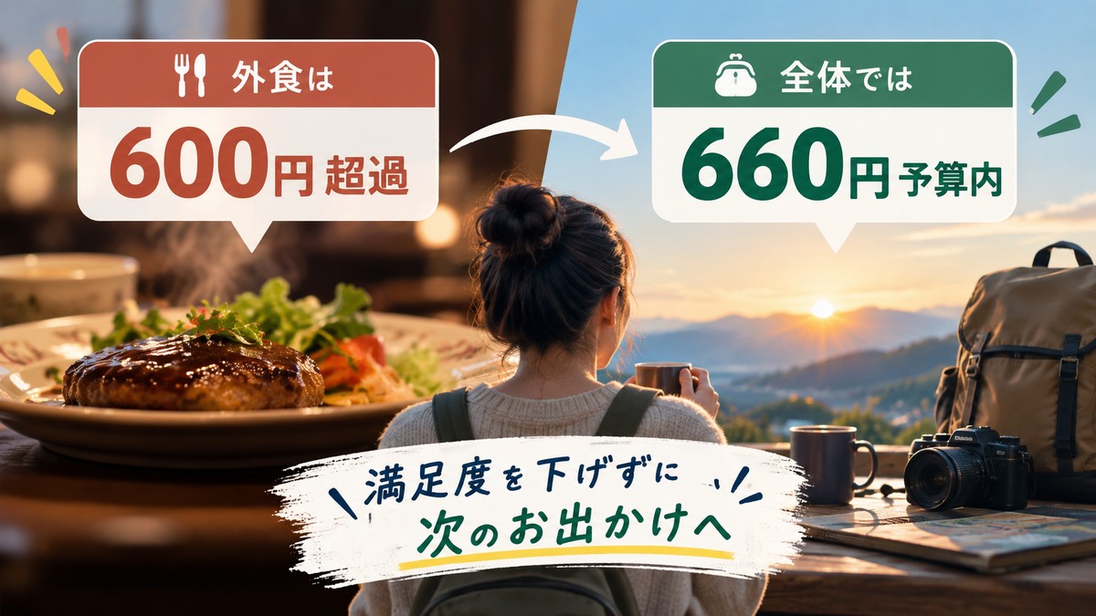 外食は600円超過し全体では660円予算内だったことを示す図