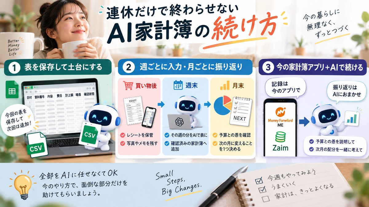 確認済みの表を毎週の入力と毎月の振り返りへつなぐ図