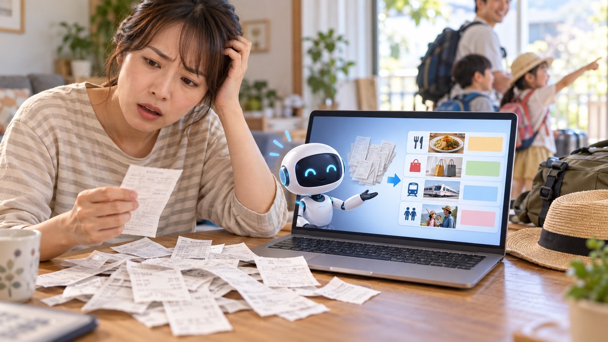 連休のレシートをAIで家計簿へ整理するイメージ