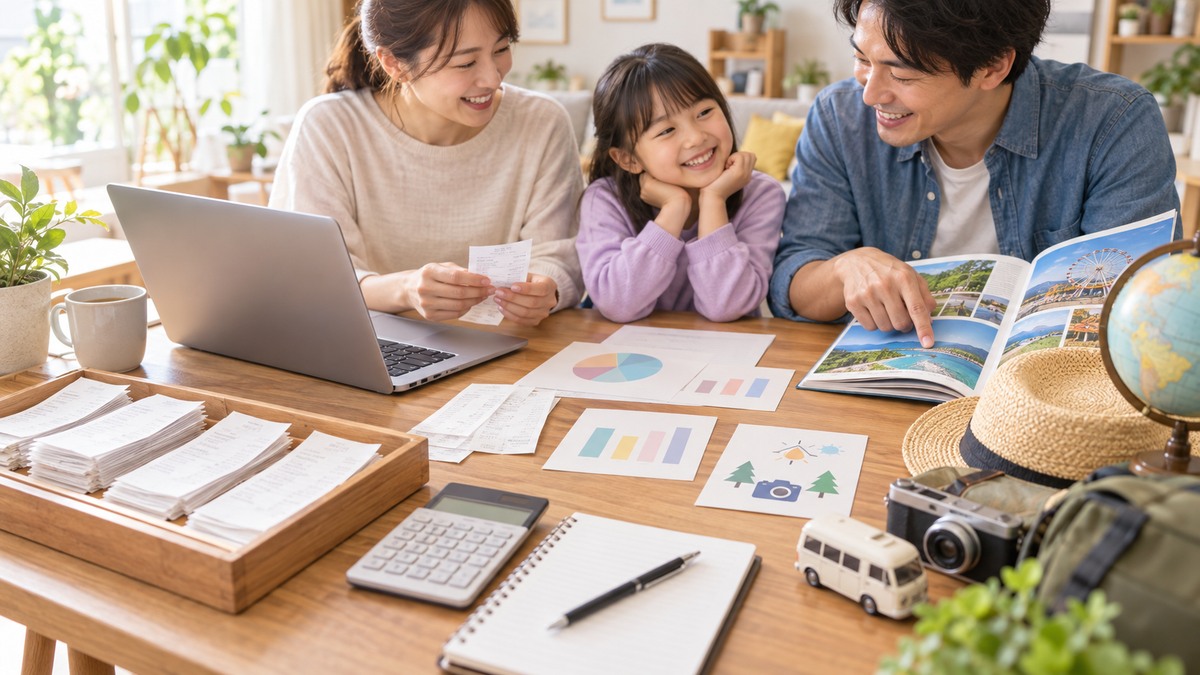 確認済みの家計表から次のお出かけ予算を考える家族のイメージ