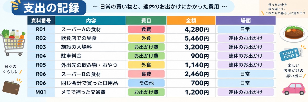 説明用の架空の連休支出8行をまとめた表