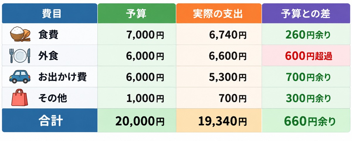 費目別の予算と実際の支出と差額の表