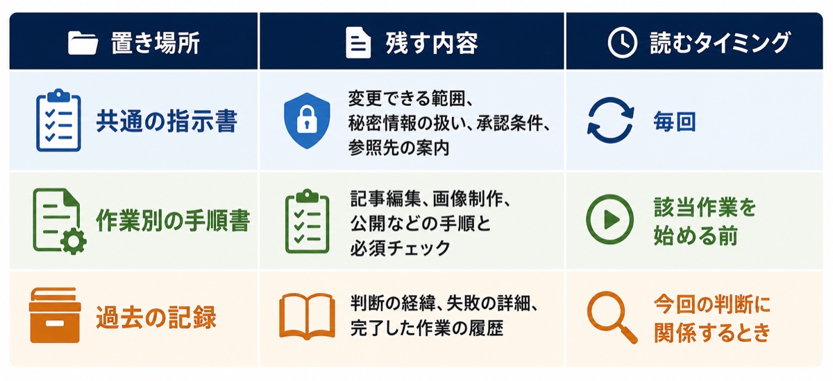 共通の指示書、作業別の手順書、過去の記録について内容と読むタイミングを整理した表