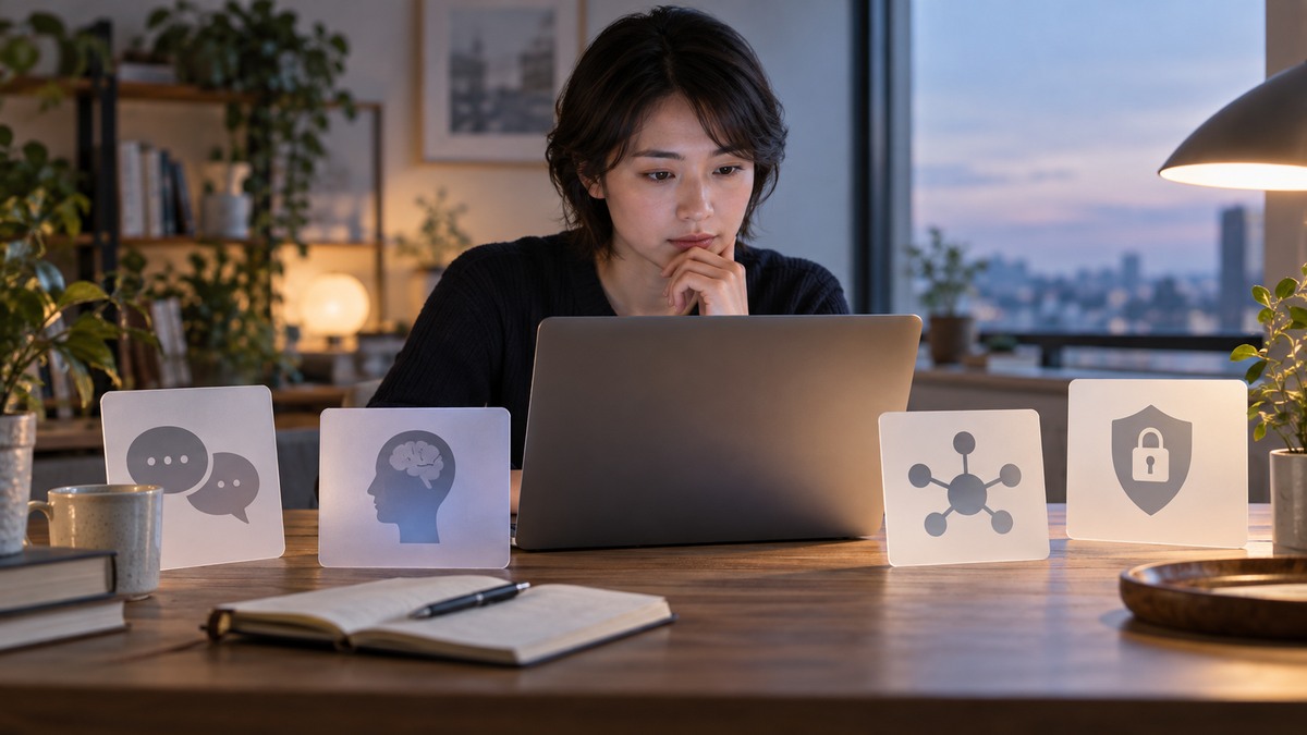 ChatGPTの会話・メモリ・連携アプリの設定を見直す人のイメージ