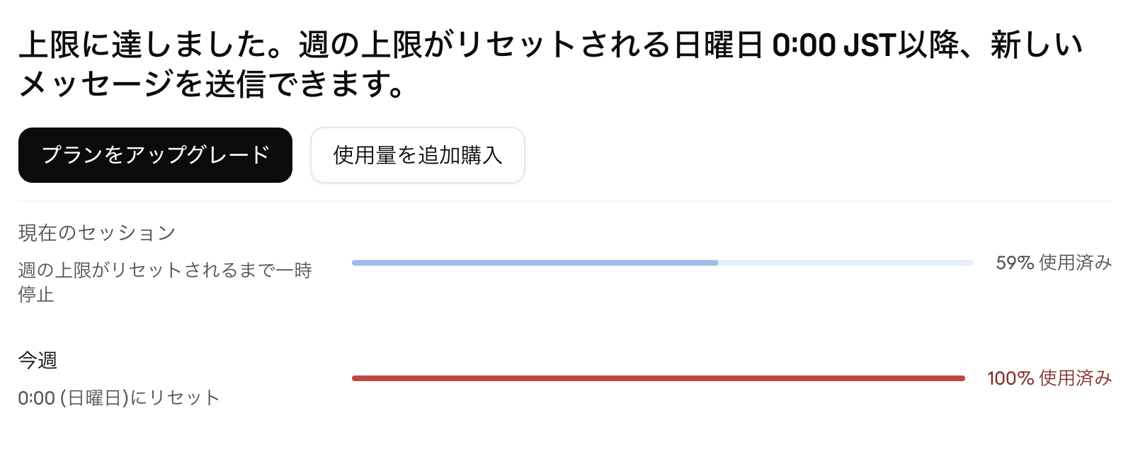 週間枠が100%のまま現在のセッションが59%と表示されたClaudeの利用状況画面