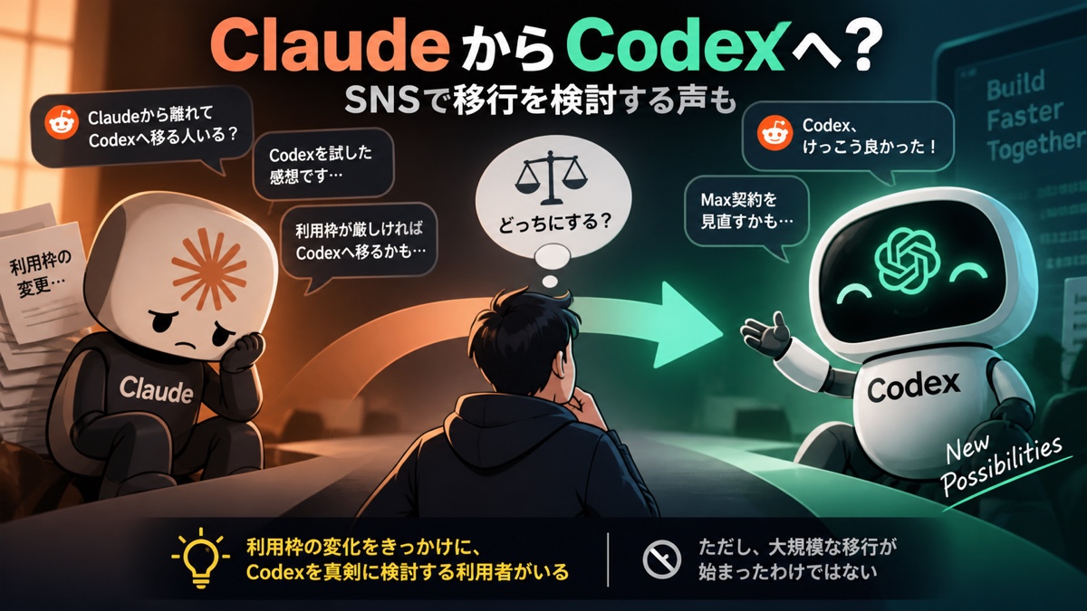 複数の利用者がClaude Code継続とCodex移行の選択肢を比較している場面