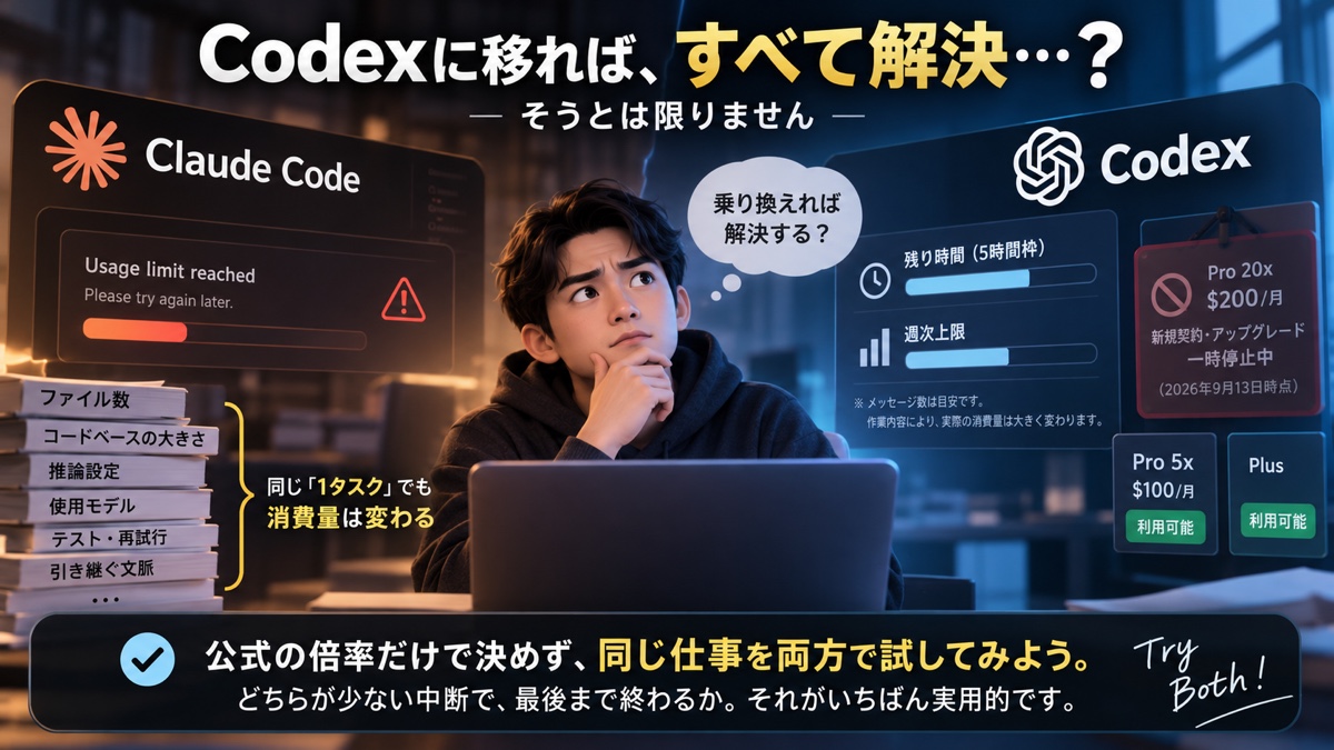 Claude CodeとCodexのどちらにも利用制限と追加費用があることを確認する場面