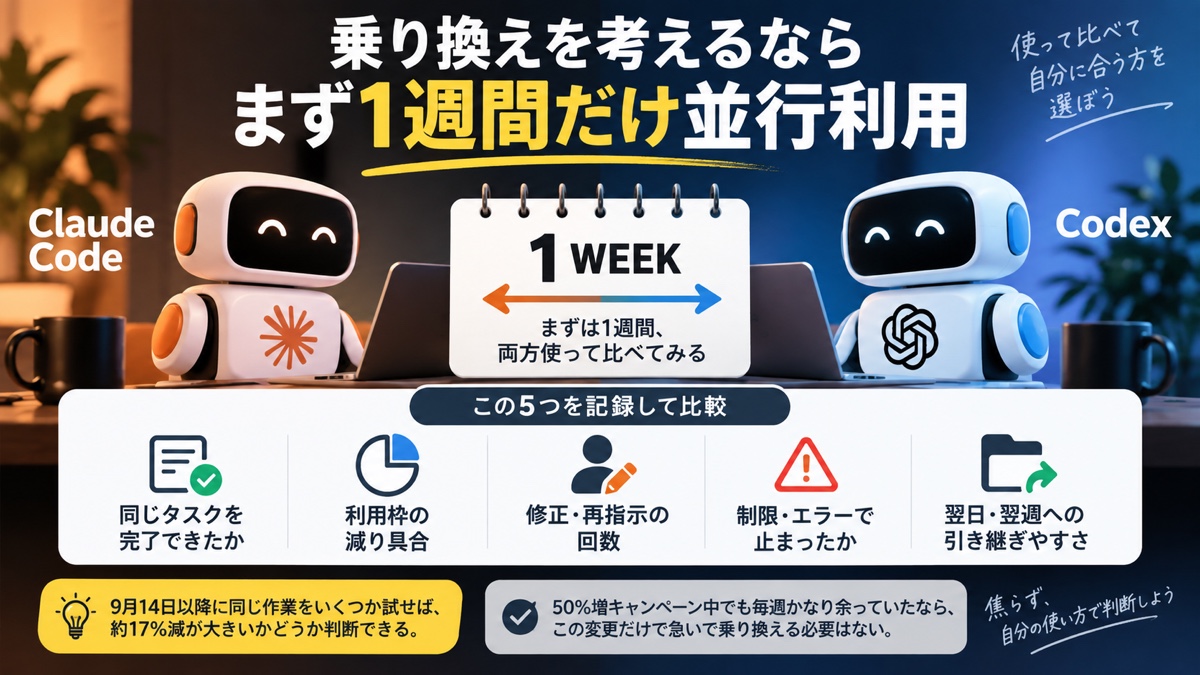 同じ1週間の仕事をClaude CodeとCodexで試し、完了量と中断を記録する場面