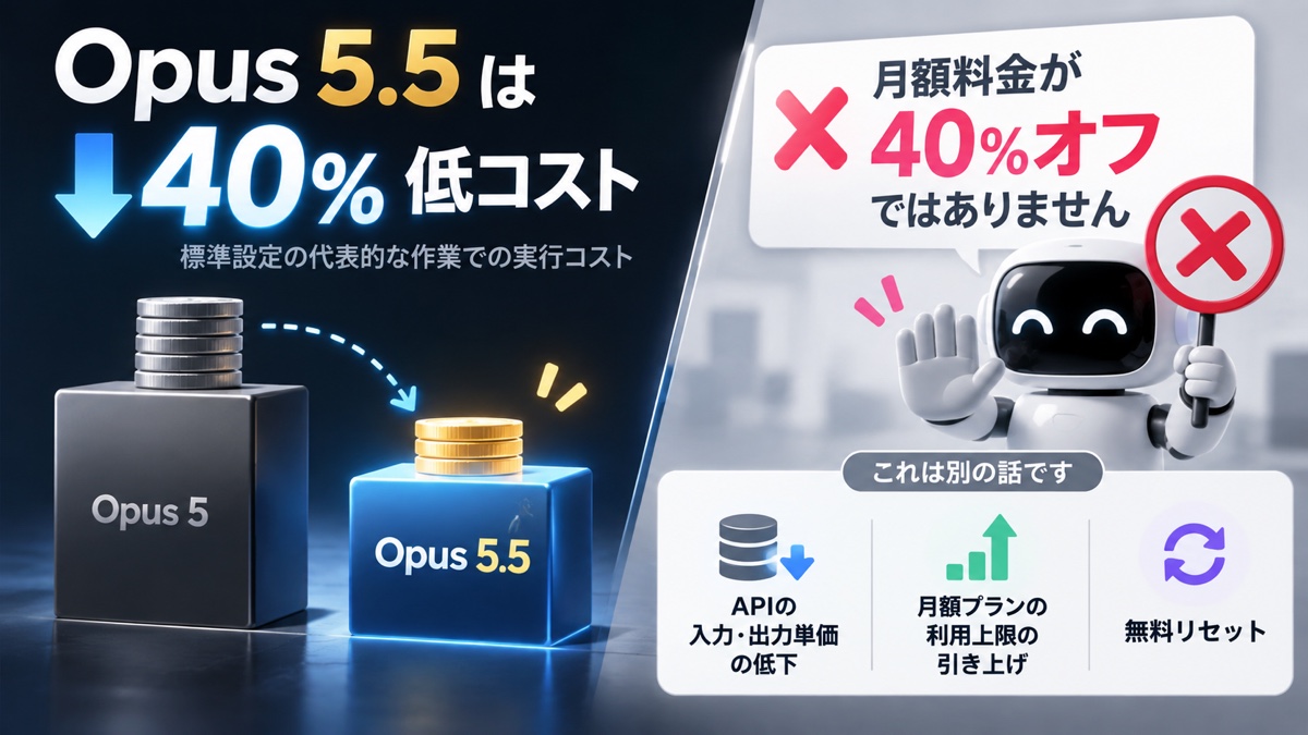 Opus 5とOpus 5.5のAPI単価と月額利用枠の違いを整理した図