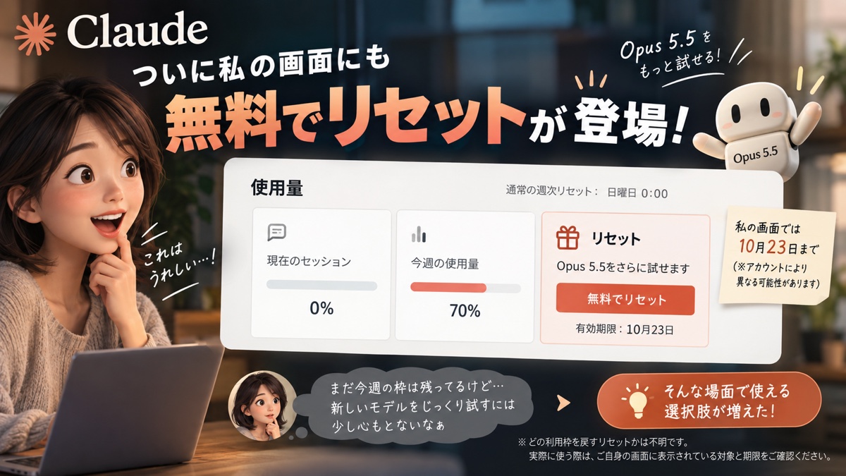 Claudeの使用量画面に無料リセットの選択肢が表示された場面を抽象化した図