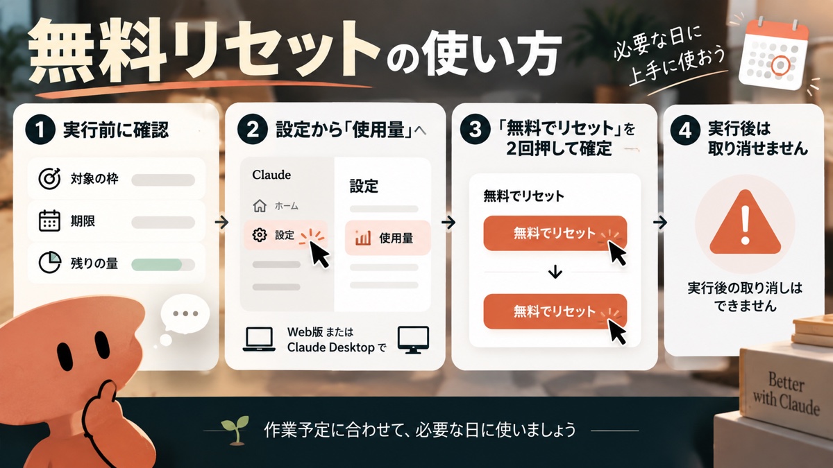 Claudeの無料リセットを使う前に対象・期限・残量を確認する手順図