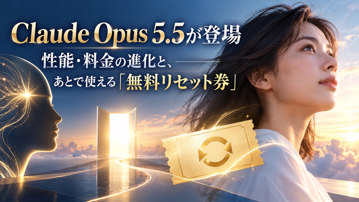 Claude Opus 5.5の性能・料金・無料リセット券を紹介する記事のアイキャッチ