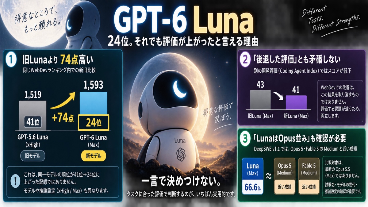 GPT-6 LunaのWebDev改善と別評価での後退を並べて読む図