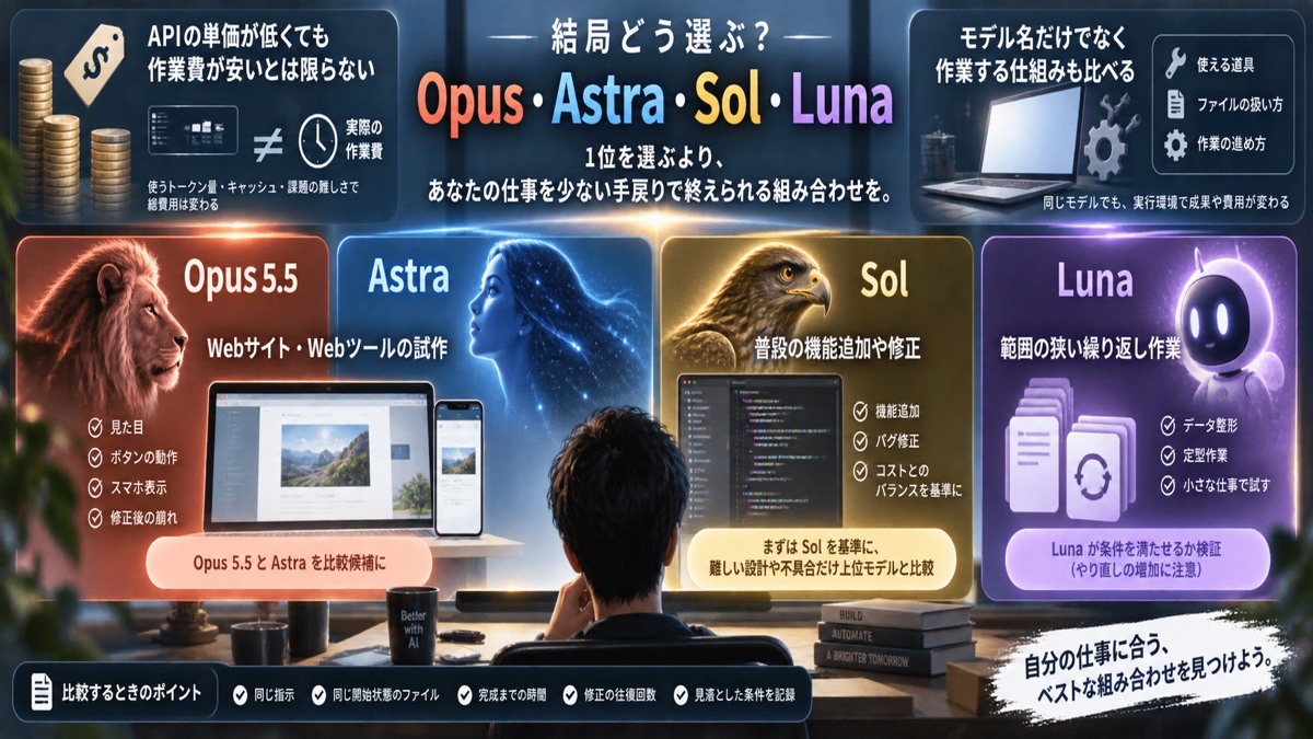 Opus・Astra・Sol・Lunaを品質、費用、手戻りで選ぶ考え方の図