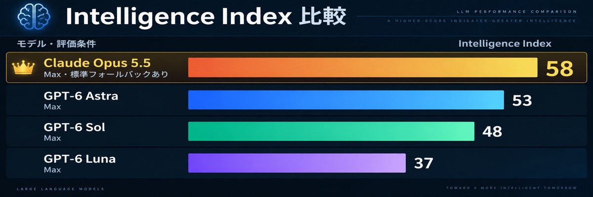 Claude Opus 5.5とGPT-6各モデルのIntelligence Index比較