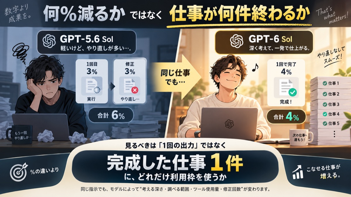 説明用の仮定として、修正を含めた仕事1件の完成までの消費率を比較する章画像