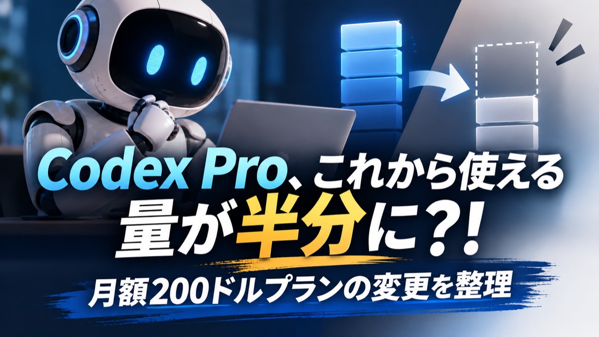 Codex Proの月額200ドルプラン変更と利用量の疑問を示すアイキャッチ