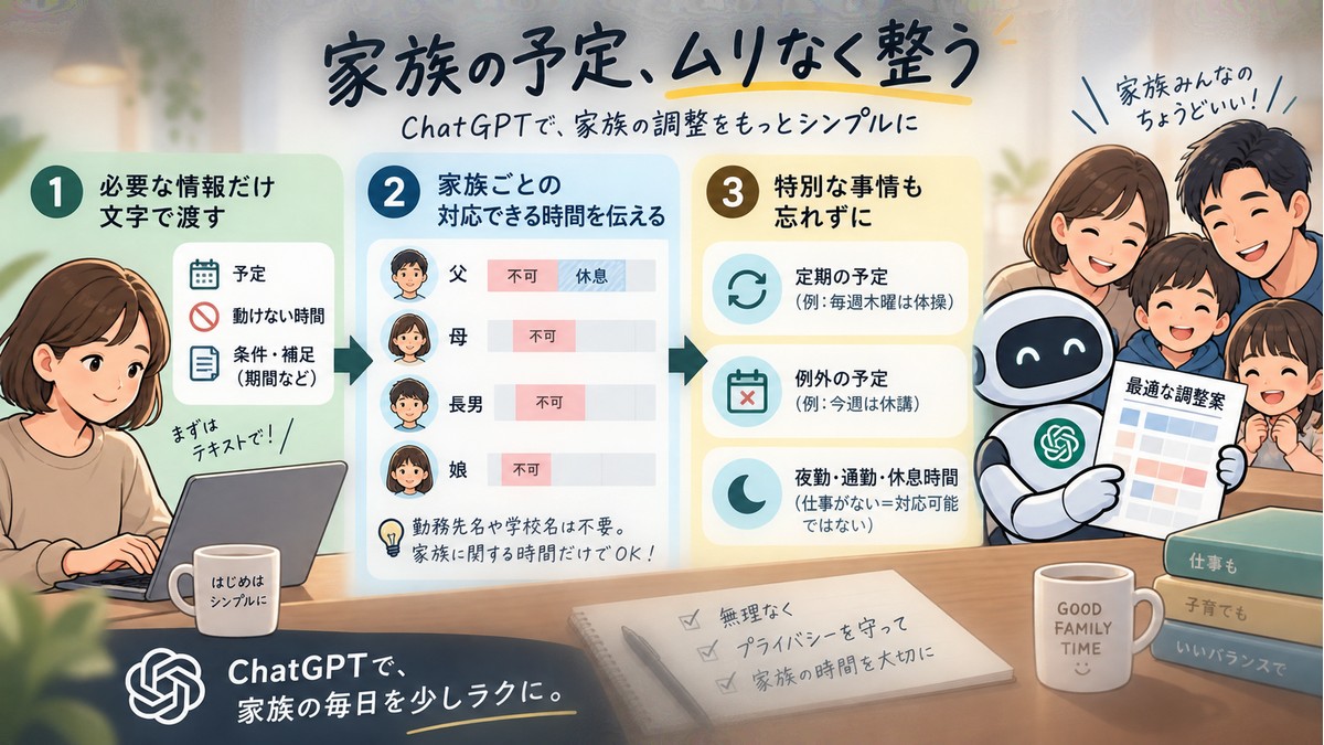 予定と対応できない時間をChatGPTへ必要最小限で渡す流れ