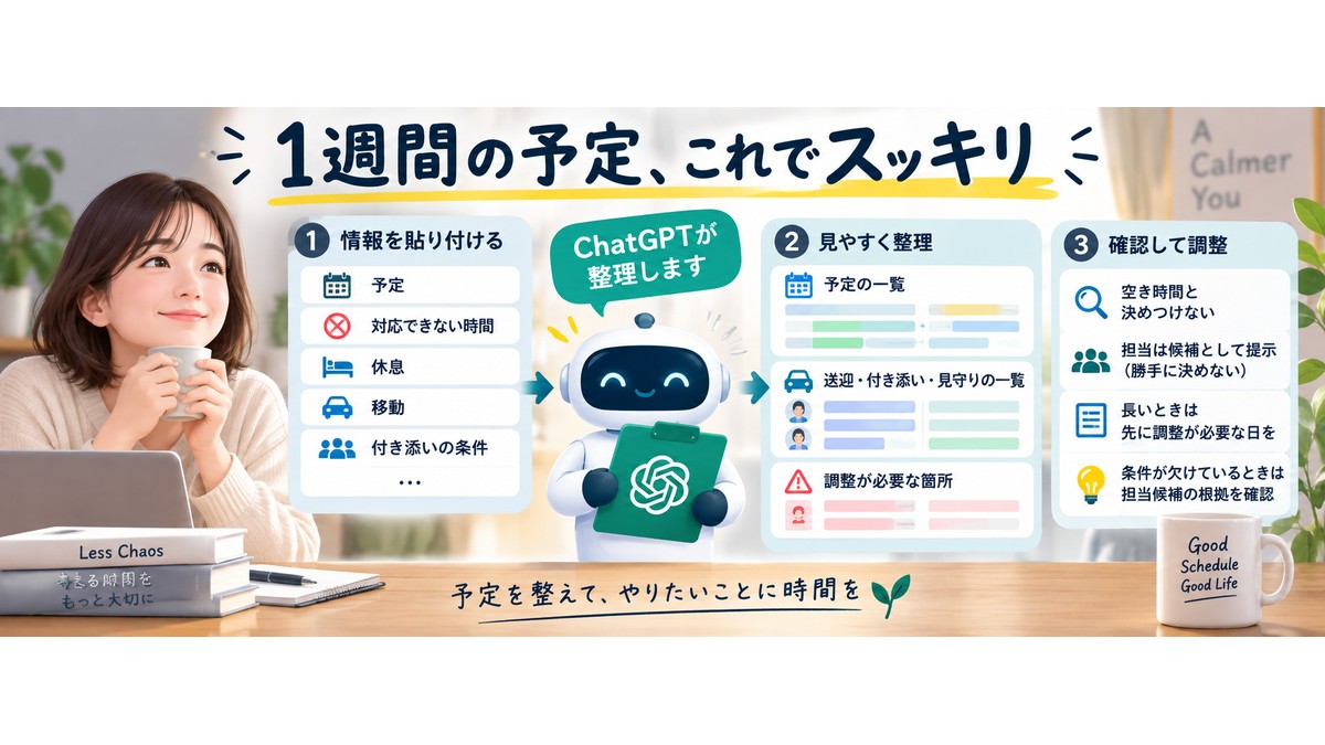 1週間の予定を貼り付けて一覧と要調整箇所に整理する流れ