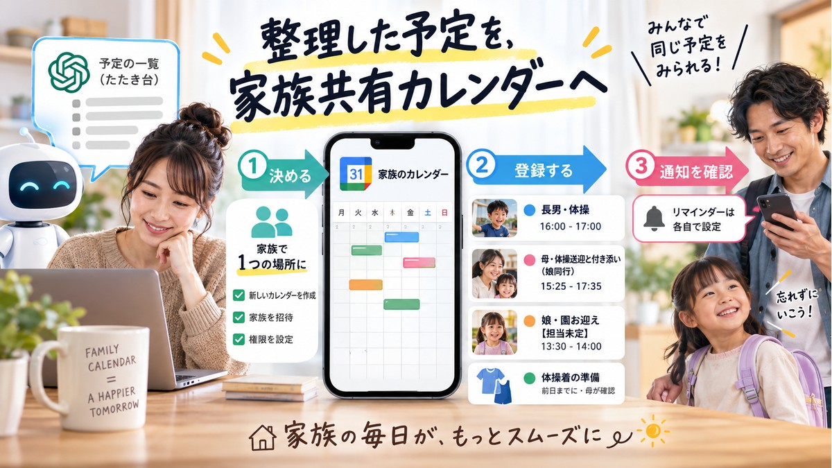 整理した予定を家族共有カレンダーへ登録して確認する流れ