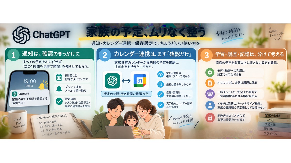 ChatGPTの通知、カレンダー連携、データ設定を確認するポイント