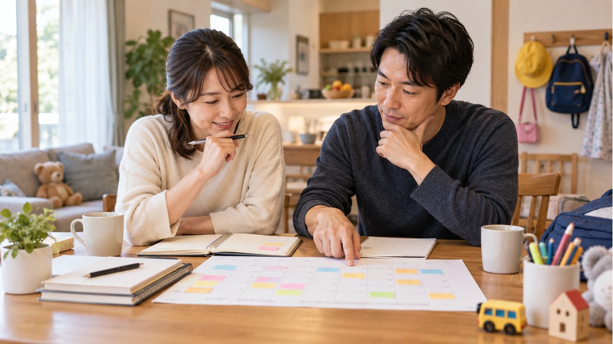家族の予定を紙とカレンダーで整理する夫婦のイメージ