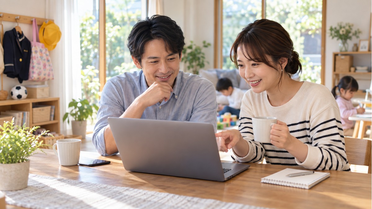 家族で共有カレンダーを確認しながら次の1週間を調整する夫婦のイメージ