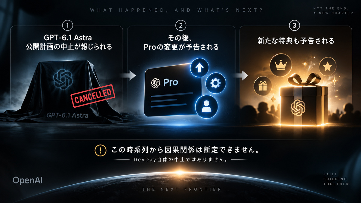 公開中止報道とPro予告とDevDayの時系列を分ける図
