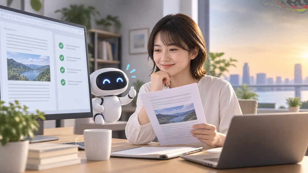 人がAIの成果物を確認して次の仕事へ進む場面