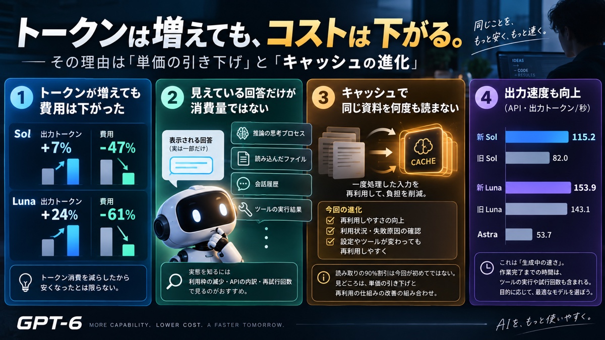 新モデルはトークンが増えても費用が下がる理由をまとめた図