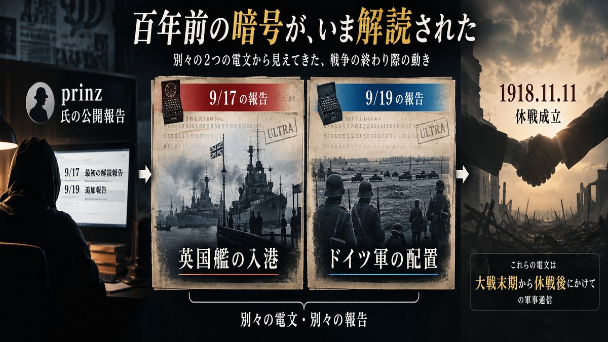 1918年11月の二つの暗号電文について別々の公開報告を整理した図