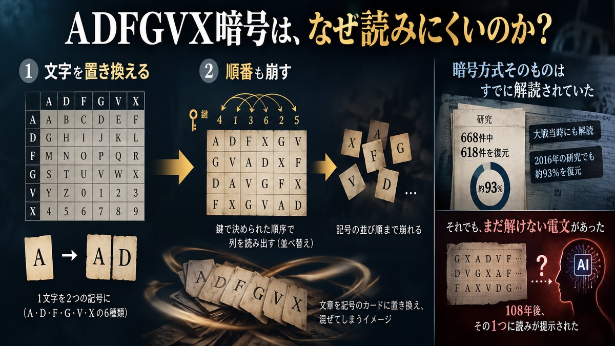 ADFGVX暗号の文字置換と列の並べ替えを示した図