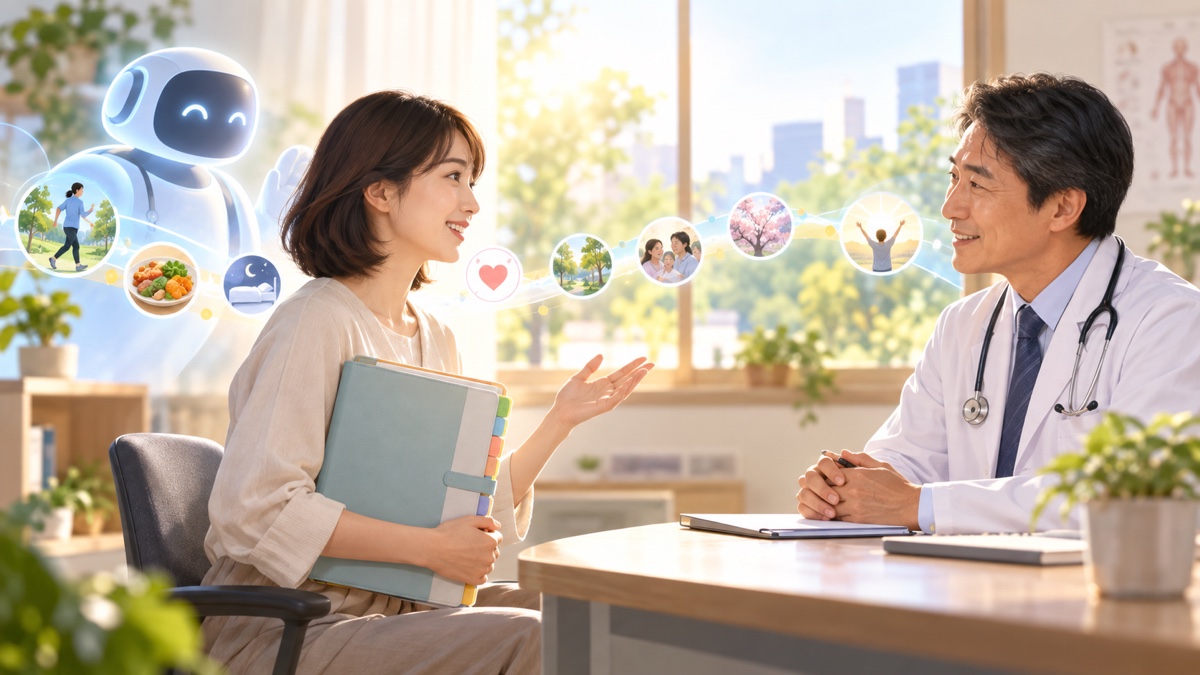 整理した健康記録を持って医師へ相談し、AIは補助役にとどまる前向きな場面