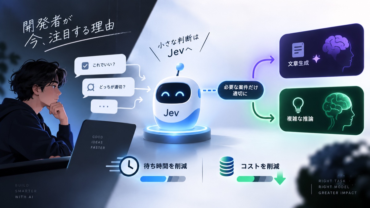 小さな判断をJevへ任せ複雑な生成を別モデルへ振り分ける設計