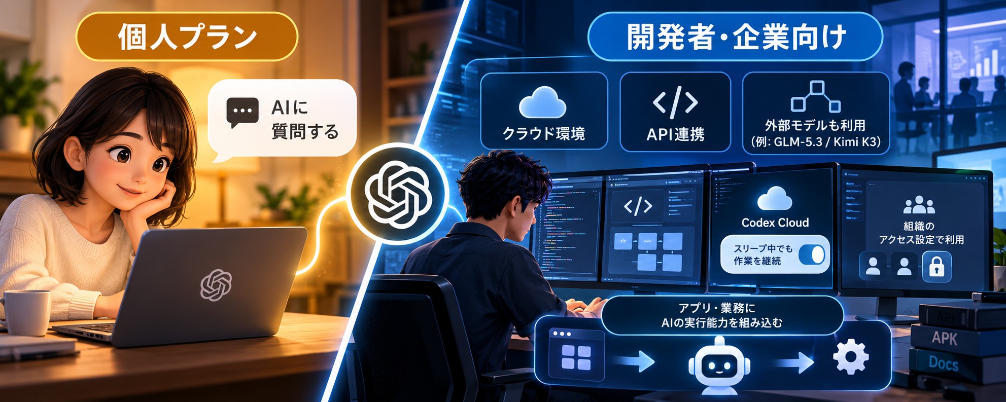 開発者向けAPIと企業向け機能を個人プランと分けた概念図