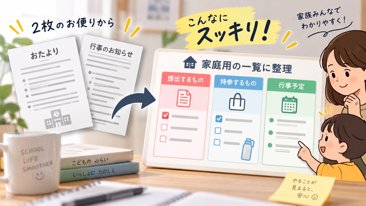 2枚のお便りから提出物・持参物・行事予定を家庭用一覧へ整理する例