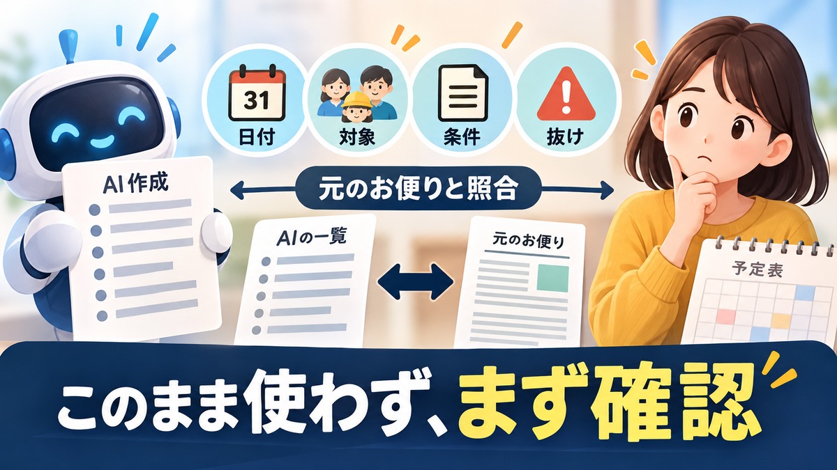 AIの一覧を元のお便りと照合して日付・対象・条件・抜けを確認する流れ