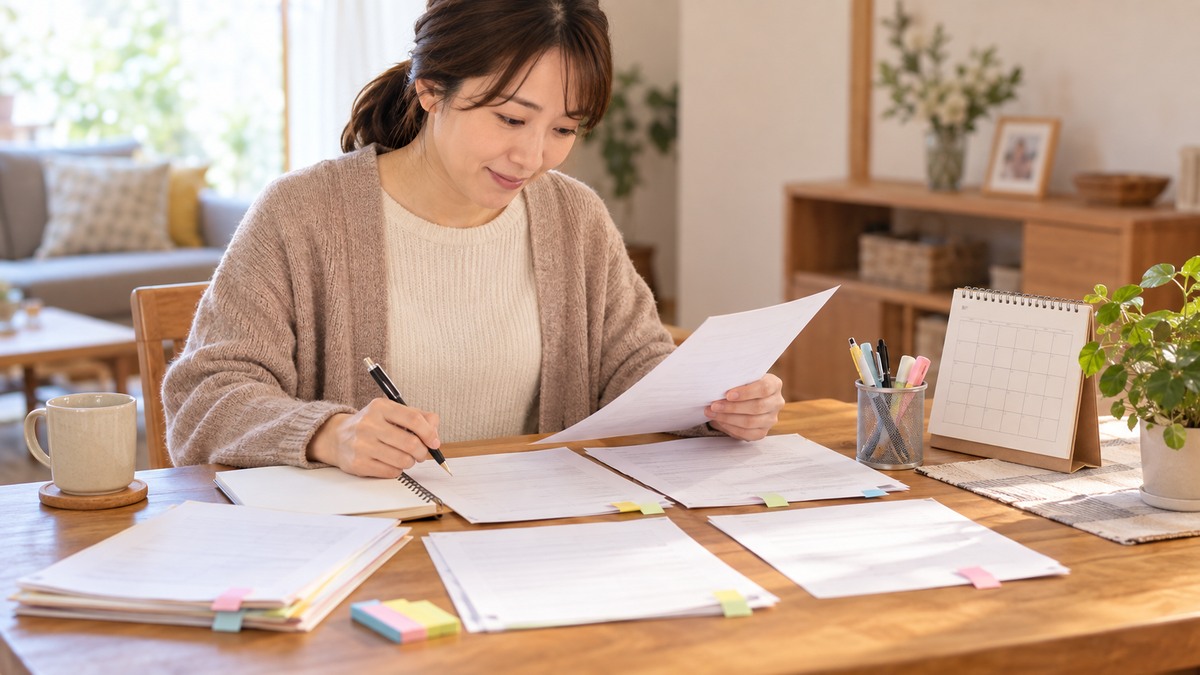 学校のお便りを机の上で整理する保護者のイメージ